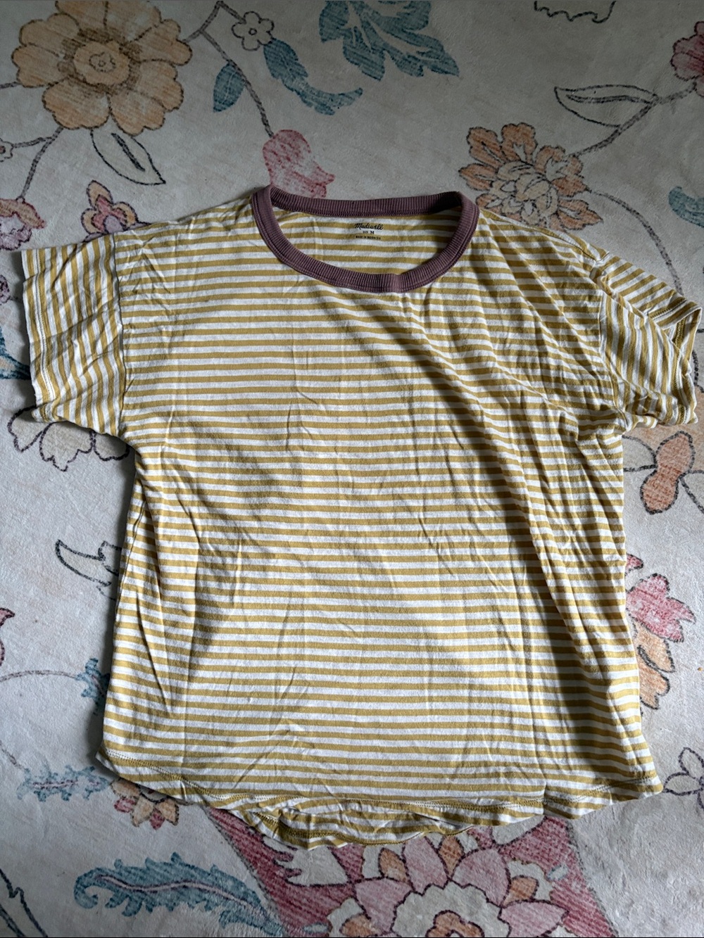 Madewell Yellow & White Striped Tee with Mauve Neck